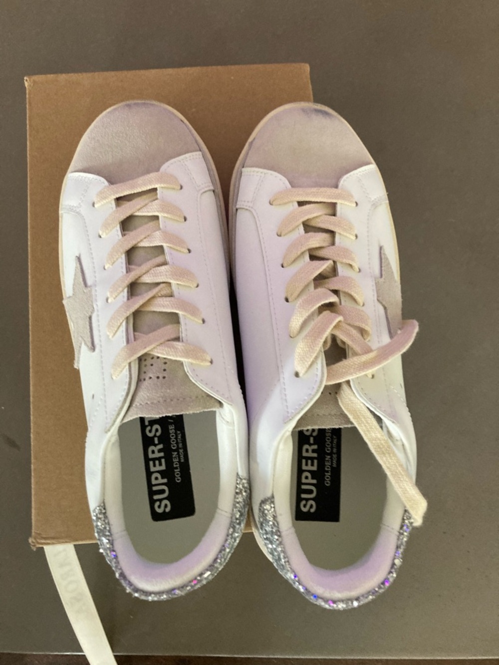 White and Beige Superstar Sneakers with Silver Heel NIB - Picture 5 of 5